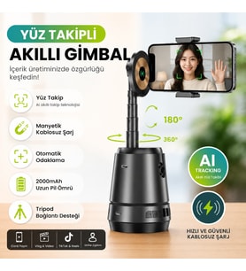 AI Yüz Takipli Akıllı Gimbal Telefon Tutucu, Manyetik Kablosuz Şarj Destekli 360° Otomatik Döner Selfie Standı, Şarjlı Telefon Standı, Tripod Uyumlu İçerik Üretici Vlog Canlı Yayın Aparatı
