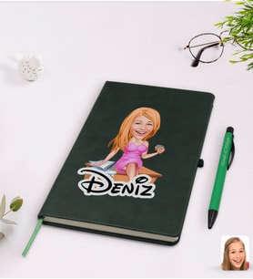 BK Gift Kişiye Özel Kadın Patron Karikatürlü Yeşil Termo Deri Defter Kalem Seti Model 7