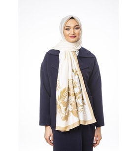 Çiçekli Desen Modal Seri Şal Eşarp Askısı ile Birlikte 75x200 cm Krem Gold-75x20
