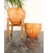 Bitki Tasarımı Dik Çizgi Desenli Terrakota Toprak Saksı Saksılık Salon Çiçeklik İkili Set Ayaksız - 4 Ayaklı- 15 Cm