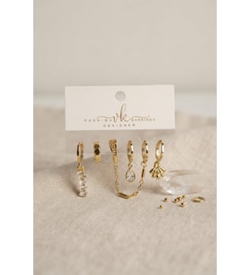 Gold Renk Pirinç Zirkon Taş Detaylı 6'lı Küpe Kombin Seti 5886 - SSSSSS3164-1963