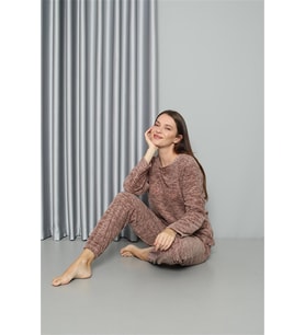 Akbeniz Welsoft Polar Kadın Pijama Takımı 8519 (Sütlü Kahve)