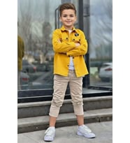 Erkek Çocuk Sırt Baskılı ÇıtÇıt Düğmeli Sarı Gömlek Dar Kesim Pantolon Alt Üst T