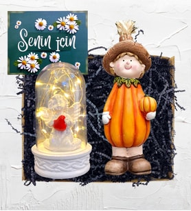 Sevimli Bal Kabağı Biblosu ve Led Işıklı Biblolu Fanus Hediye Seti (Model 2)