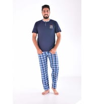Erkek 2105 Ekose Desenli Kısa Kol  Pijama Takımı (Lacivert)