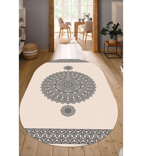 Dijital Baskılı Kaymaz Taban Yıkanabilir Oval Salon Halısı Mutfak Halısı Yolluk NDO-SD-619 (Krem)