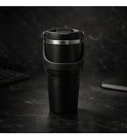 700 Ml Taşıma Kulplu Çelik Termos Mug Vakumlu Isı Yalıtımlı Sızdırmaz Dayanıklı Bardak (Ekru-Siyah)