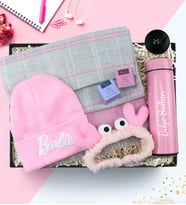 Kişiye Özel 500 ML Pembe Renk Dereceli Termos & Barbie Bere & Gri Kadın Şal & Teashop 2'li Bitki Çayı & Peluş Saç Bandı Hediye Seti