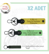 Bikerlar İçin Özel İsim Plaka ve 0 Rh (+) Kan Grubu Yazılı Hediyelik x2 Anahtarlık, Sarı-F Yeşil-Ysl (Çok Renkli)