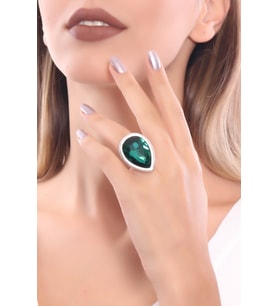 Kadın Antik Gümüş Kaplama Yeşil Swarovski Taşlı Damla Yüzük