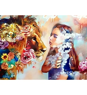 Kadın ve Aslan 2 Sayılarla Boyama Seti 40x50 cm (Tuvale Gerili)
