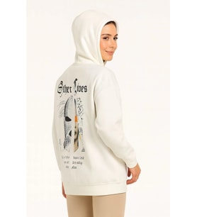 Kadın Oversize Kapüşonlu Kanguru Cepli Baskılı 3 İplik Pamuklu Sweatshirt Hoodie - Beyaz