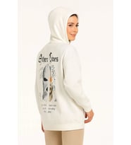 Kadın Oversize Kapüşonlu Kanguru Cepli Baskılı 3 İplik Pamuklu Sweatshirt Hoodie - Beyaz