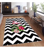 Siyah Beyaz Zigzag Flamingo Desen Yıkanabilir Kaymaz Taban Leke Tutmaz Modern Salon Halısı ve Yolluk