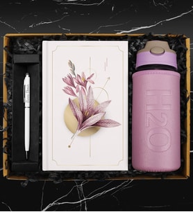 500 ML Deri Kılıflı Cam Matara & Tasarım Defter & Touch Pen Kalem Hediye Seti