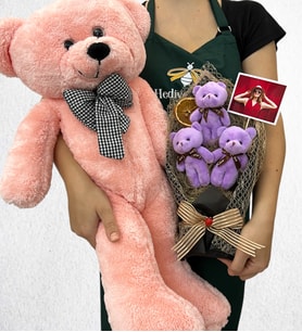 Kişiye Özel Fotoğraflı 3'lü Peluş Ayıcık Buketi ve Büyük Boy Pembe Peluş Ayıcık (Model 2)