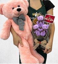 Kişiye Özel Fotoğraflı 3'lü Peluş Ayıcık Buketi ve Büyük Boy Pembe Peluş Ayıcık (Model 2)