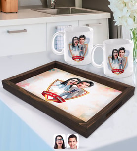 BK Gift Kişiye Özel İsimli Sevgililer Karikatürlü Doğal Ahşap Tepsi ve 2’li Kupa Bardak Seti-81