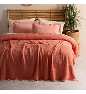 Çift Kişilik, %100 Pamuk 4 Katlı Kaliteli Müslin Yatak Örtüsü, Dekoratif Şık Yumuşak Hafif Yazlık Pike (Kiremit, Çift Kişilik 220x240 cm)