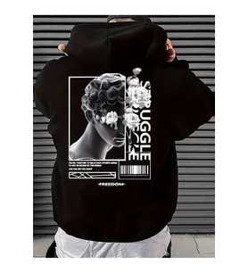 Unisex Freedom Baskılı Oversize Baskılı Kapşonlu Sweatshirt 3 Iplik (Siyah)