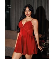 Curvy Vibes Kırmızı Göğsü Dantelli Eteği Volanlı Aksesuar Detaylı Büyük Beden Mini Gecelik