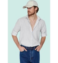 Erkek Keten Karışımlı Çizgili Gömlek Regular Fit Yaka Casual Günlük Yaz Aylarının Vazgeçilmezi (Lacivert)