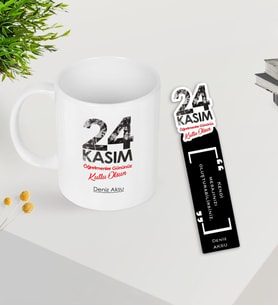 BK Gift Kişiye Özel İsimli Öğretmenler Günü Tasarımlı Kupa Bardak ve Ahşap Kitap Ayracı Hediye Seti -8, Öğretmene Hediye, Öğretmenler Günü