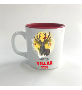Mutlu Yıllar 2024 Geyik Baskılı Kırmızı Multi Yılbaşı Kupası