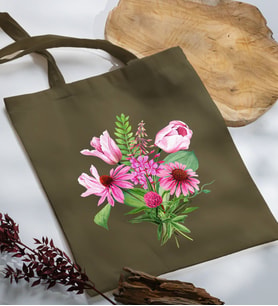 BK Gift Çiçek Tasarımlı Haki Kumaş Bez Çanta, Baskılı Omuz Çantası, Alışveriş Çantası, Arkadaşa Hediye-6