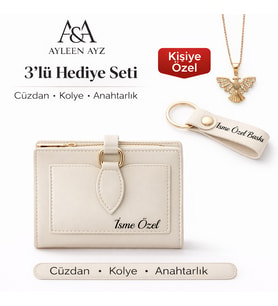 Ayleen Ayz Kişiye Özel Kadın Hediye Seti – İsimli Cüzdan + Kolye + Anahtarlık  3’lü Şık Hediye Seti (Krem)