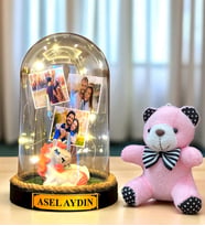 Kişiye Özel Led Işıklı Biblolu Fanus ve Pembe Peluş Ayıcıklı Anahtarlık (Model 5)