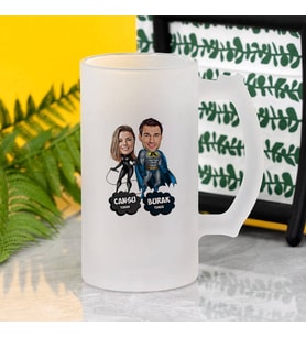 Kişiye Özel Süper Kahraman Sevgililer Karikatürlü Bira Bardağı