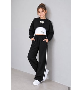 Bordo Kız Çocuk Crop Badili Zincir Detaylı Geniş Paça 3lü Takım 25002