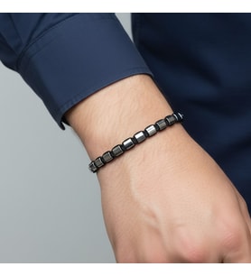 Valmont Accessories Hematit Taşlı Asansörlü Ayarlanabilir İpli Erkek Bileklik Siyah Örgü Minimal Tasarım