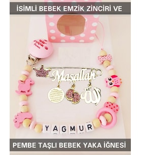 Sahi Aksesuar İsimli Bebek Emzik Zinciri ve Pembe Taşlı Bebek Yaka İğnesi TYBEZYI122