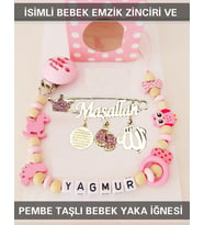 Sahi Aksesuar İsimli Bebek Emzik Zinciri ve Pembe Taşlı Bebek Yaka İğnesi TYBEZYI122
