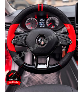 Renault Megane 4 Dikme Direksiyon Kılıfı Parlak Siyah Kırmızı Detaylı Kırmızı Çift Yüzük ve Dikiş 2020-2024