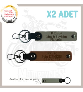 Motor Severlere, İsim Plaka ve B Rh (-) Kan Grubu, Özel Tasarım x2 Anahtarlık Set, Kül Gri-Kahve-Gr
