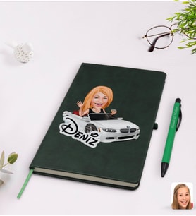 BK Gift Kişiye Özel Kadın Patron Karikatürlü Yeşil Termo Deri Defter Kalem Seti Model 3