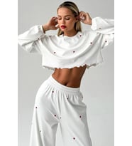 Merry See Kalp Baskılı Uzun Kollu Bol Dökümlü Pijama Takımı (Beyaz)