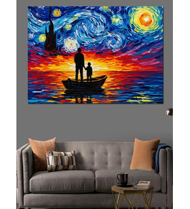 Van Gogh Yıldızlı Gece Tekne Dekoratif Kanvas - Mdf Ahşap Tablo