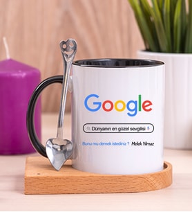 Kişiye Özel Google Tasarım Esprili Ahşap Altlıklı Siyah Kupa Bardak