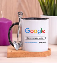 Kişiye Özel Google Tasarım Esprili Ahşap Altlıklı Siyah Kupa Bardak