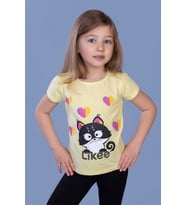 Toontoy Kız Çocuk Likee Kedi Baskılı Tişört (Sarı)