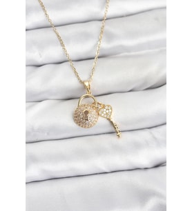 316L Çelik Zincir Gold Renk Kilit Anahtar Model Zirkon Taşlı Kadın Kolye