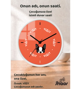 İsme Özel Turuncu Köpek Figürlü Çocuk Odası Duvar Saati Orta Boy 30 cm Beyaz Camlı Sessiz