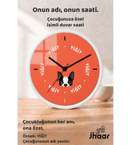 İsme Özel Turuncu Köpek Figürlü Çocuk Odası Duvar Saati Orta Boy 30 cm Beyaz Camlı Sessiz