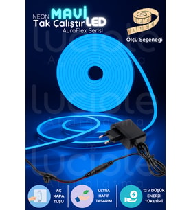 5 Metre Neon Mavi LED Şerit  AuraFlex  Aç-Kapa Fişli Pratik Çizgisel Aydınlatma