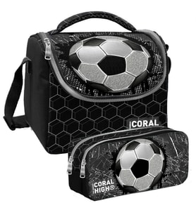 Coral High Siyah Futbol Desenli Erkek Çocuk Isı Yalıtımlı Beslenme Çantası ve Kalemlik Seti