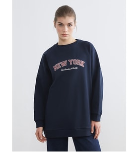 LCW Modest Lacivert Baskılı Oversize Kadın Kalın Sweatshirt Tunik